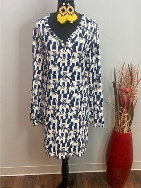crown & ivy Navy and White Printed Long-Sleeve V-Neck Dress